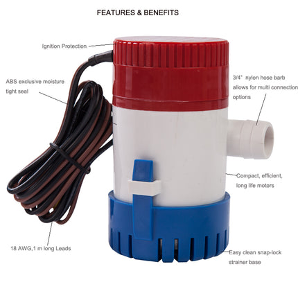 750GPH 12V Boat Bilge Pump Non Automatic Marine Water Pump