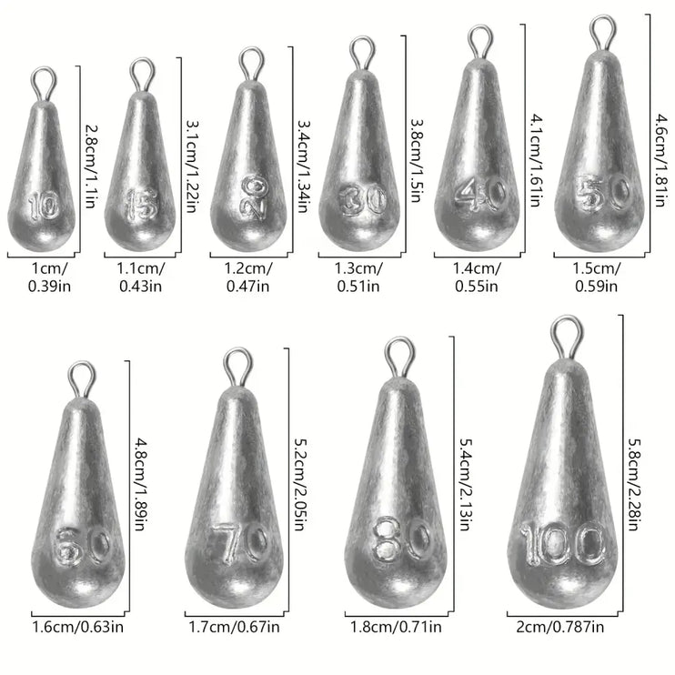 Teardrop Fishing Sinkers – Lead Weights for Bass (10 Sizes)